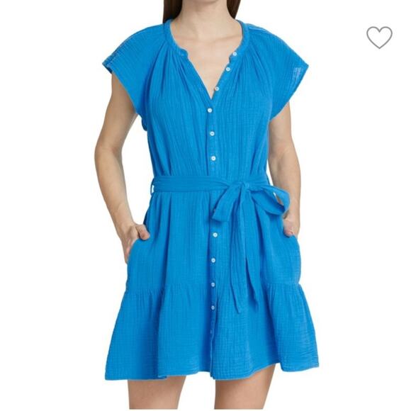 XIRENA Jude Acqua Blue Gauzy Ruffled Mini Cotton Summer Dress Size Medium - Picture 1 of 7